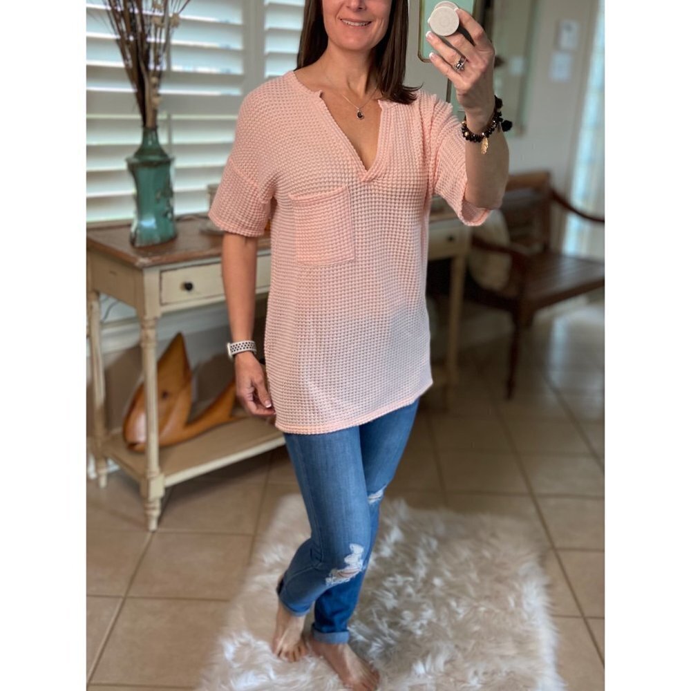 Popcorn Waffle Gabby V Neck Top Blush Pink 3620 - Picture 2 of 5